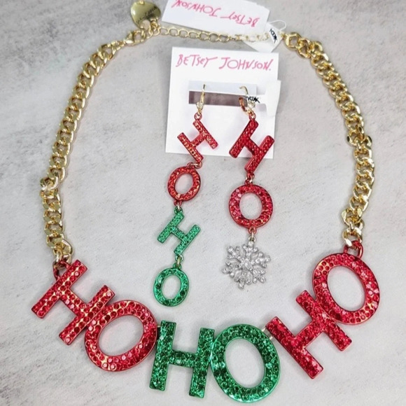 BETSEY JOHNSON SET Christmas Holiday Shiny HO HO HO Necklace & Earrings NEW NWT - Picture 4 of 11